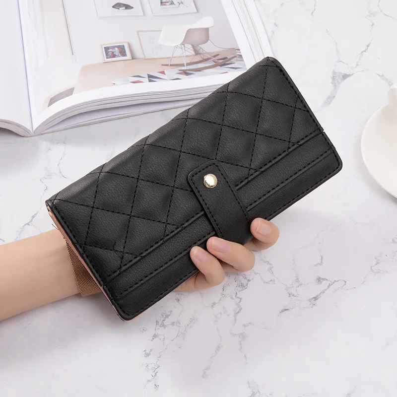 Solid-Color Women's Wallet with Unique Diamond-Pattern Hasp, Stylish and Minimalist Medium-Size Wallet Purses for Women