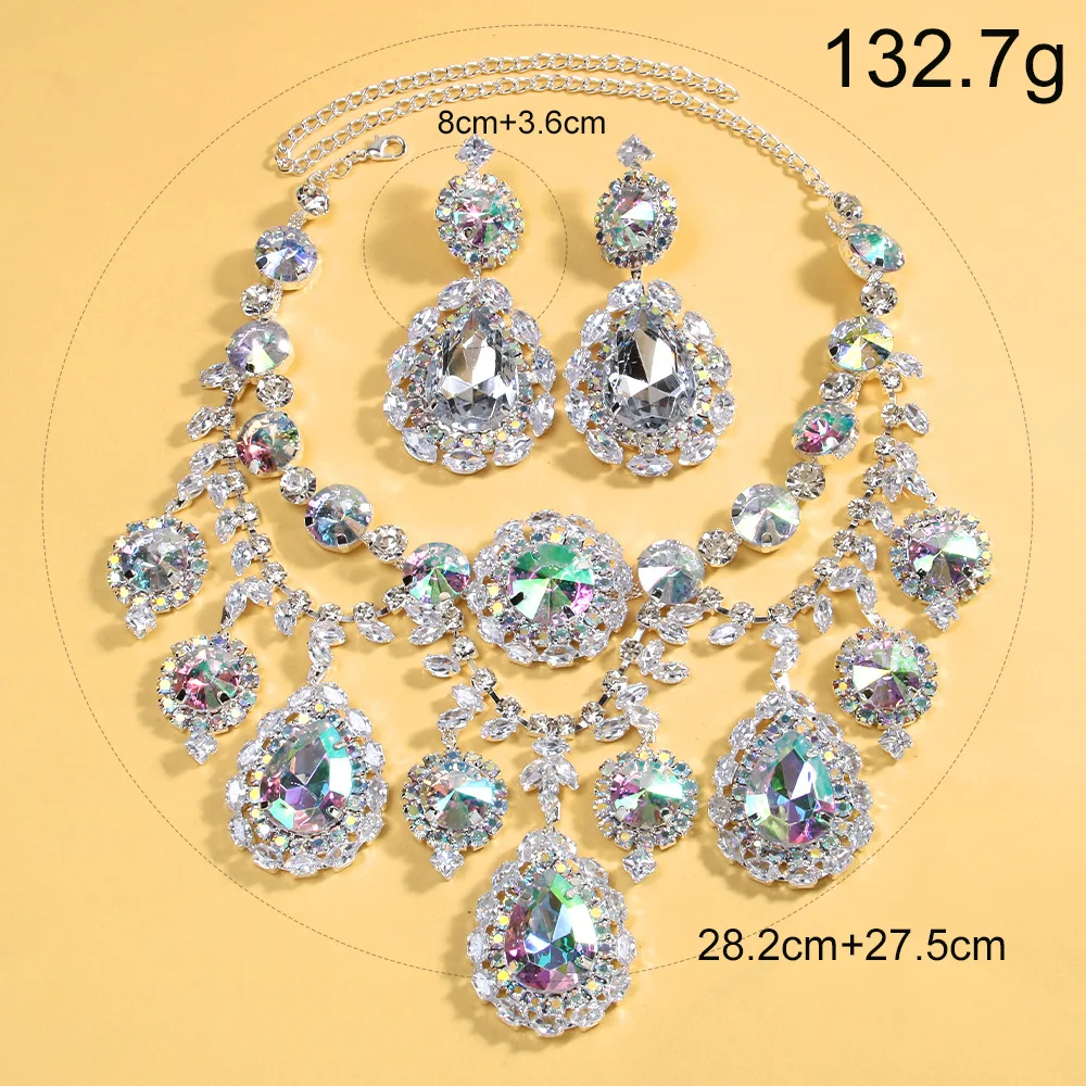 Big Luxury pink Water Drop Crystal Jewelry Sets for Women Bridal Necklace Earrings Set Dubai African Women\'s Jewellery Gift