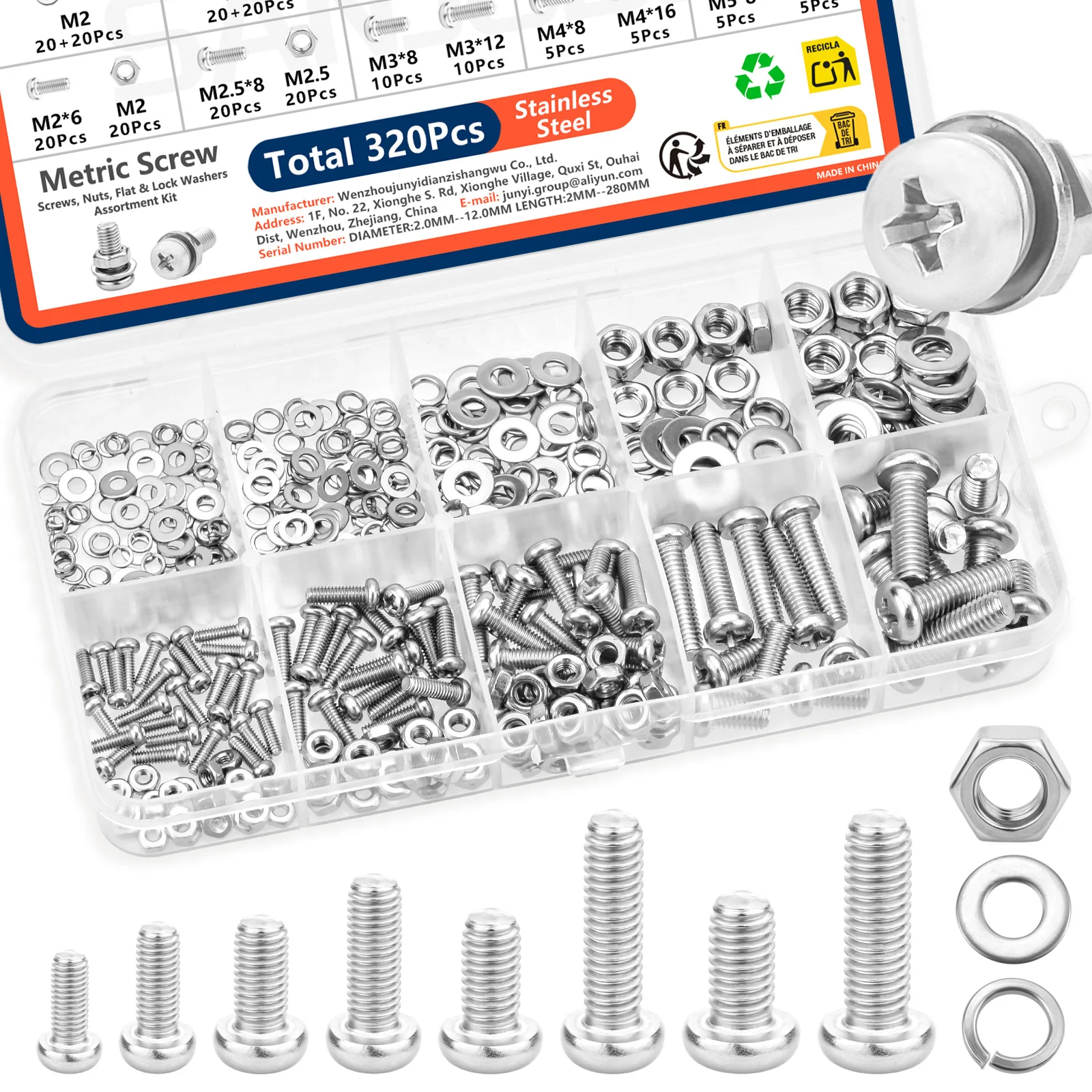 Stainless Steel Screws Nuts Washers Assortment Kit Rustproof Metric Hardware Set M2 M3 M4 M5 for DIY Home Repair Industrial Use