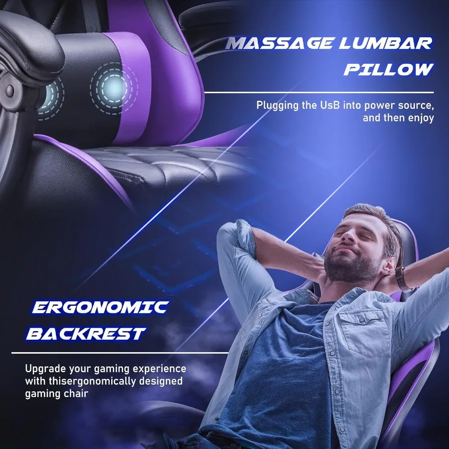 Ergonomic Gaming Chair with Built-in Footrest and Massage Lumbar Support for Extended Computer Use High Back Swivel Chair with