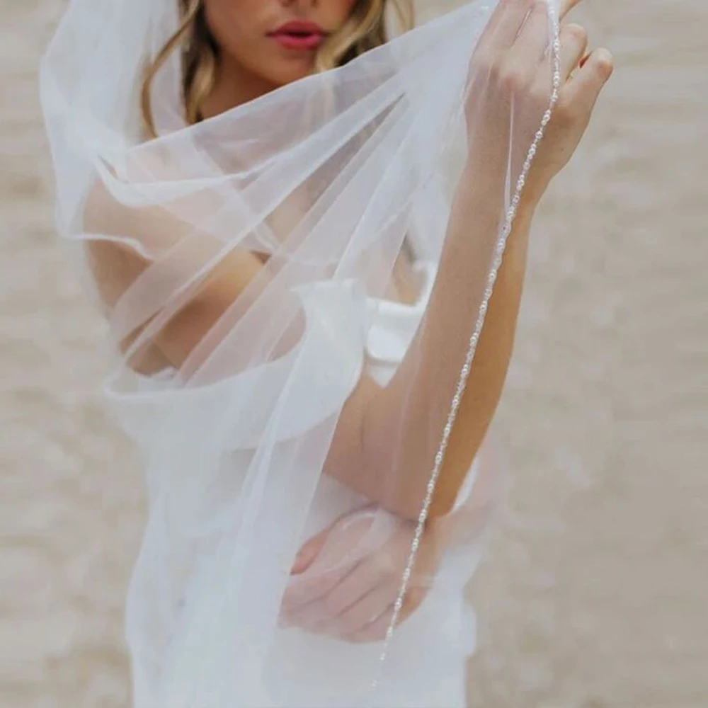 

Long beaded bridal veil, handmade pearl and crystal edge veil with hair comb, rhinestone wedding accessory VP10
