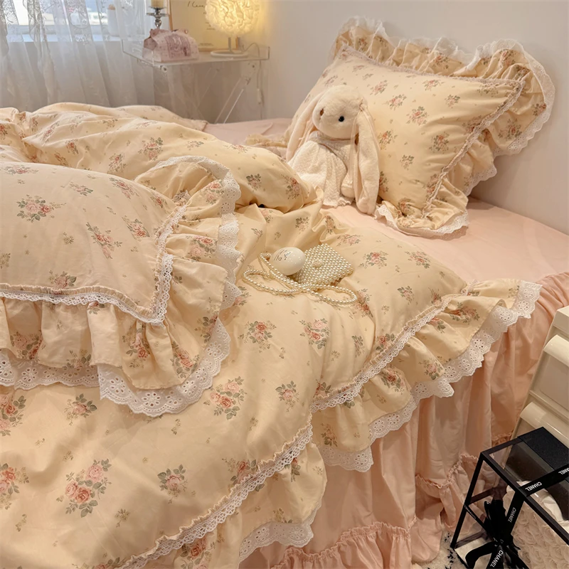 3/4Pcs Korean Princess Style Floral Lace Ruffle 100% Cotton Bedding Set Duvet Cover Bed Skirt/Bed Sheet/Fitted Sheet Pillowcases