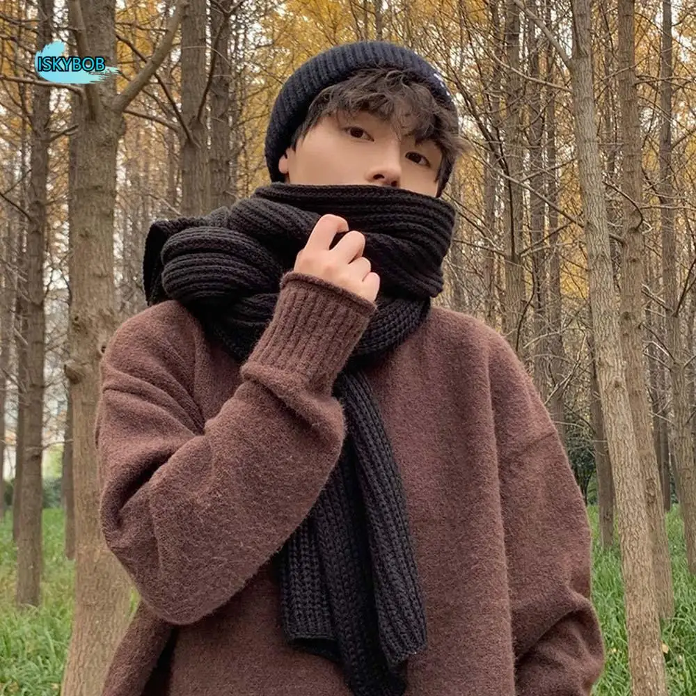 

Мягкие акриловые волокна, вязаный шерстяной шарф, длинный утолщенный шейный шарф из полиэстера и спандекса, однотонный мягкий зимний теплый шарф для мужчин