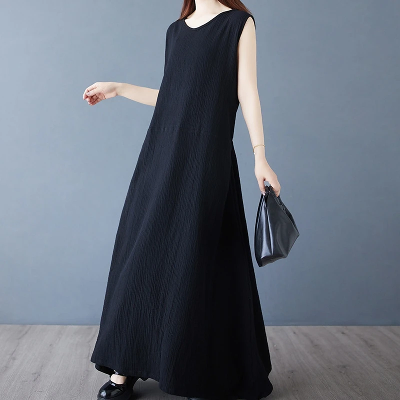 فستان أنيق بدون أكمام ورقبة على شكل V فستان صيفي طويل بحزام خلفي غير منتظم فستان ماكسي مريح فضفاض الخصر فستان الشمس