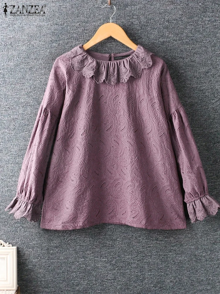 ZANZEA Casual Loose Cotton Tops Women Lapel Collar Blusas Sweety Lace Splicing Ruffled Blouse Elegant Flare Long Sleeve Tees