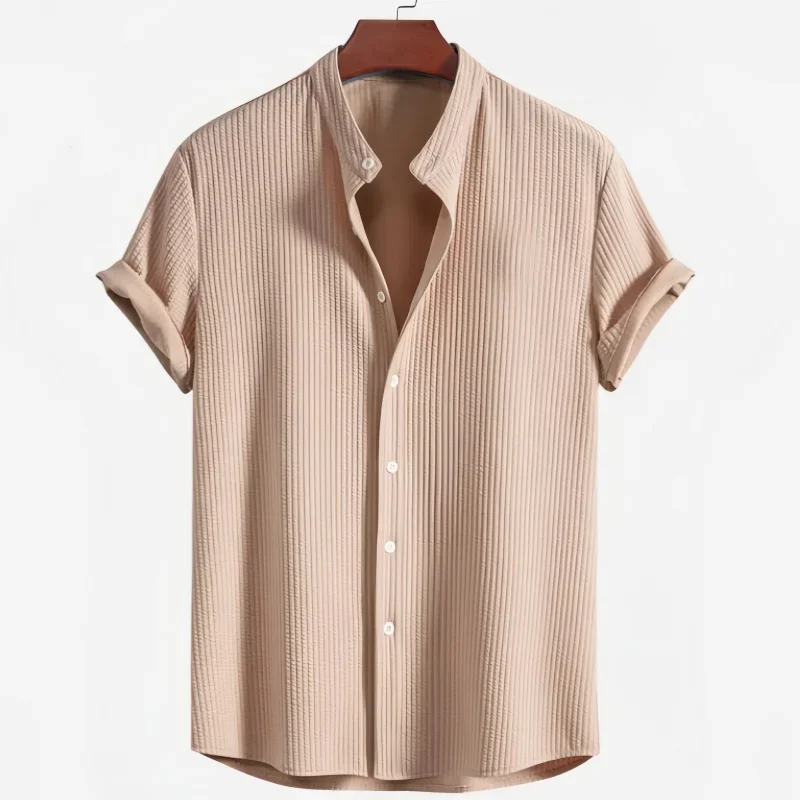 

Мужская летняя рубашка с воротником-стойкой в вертикальную полоску и коротким рукавом, модный пляжный повседневный однотонный свободный топ большого размера