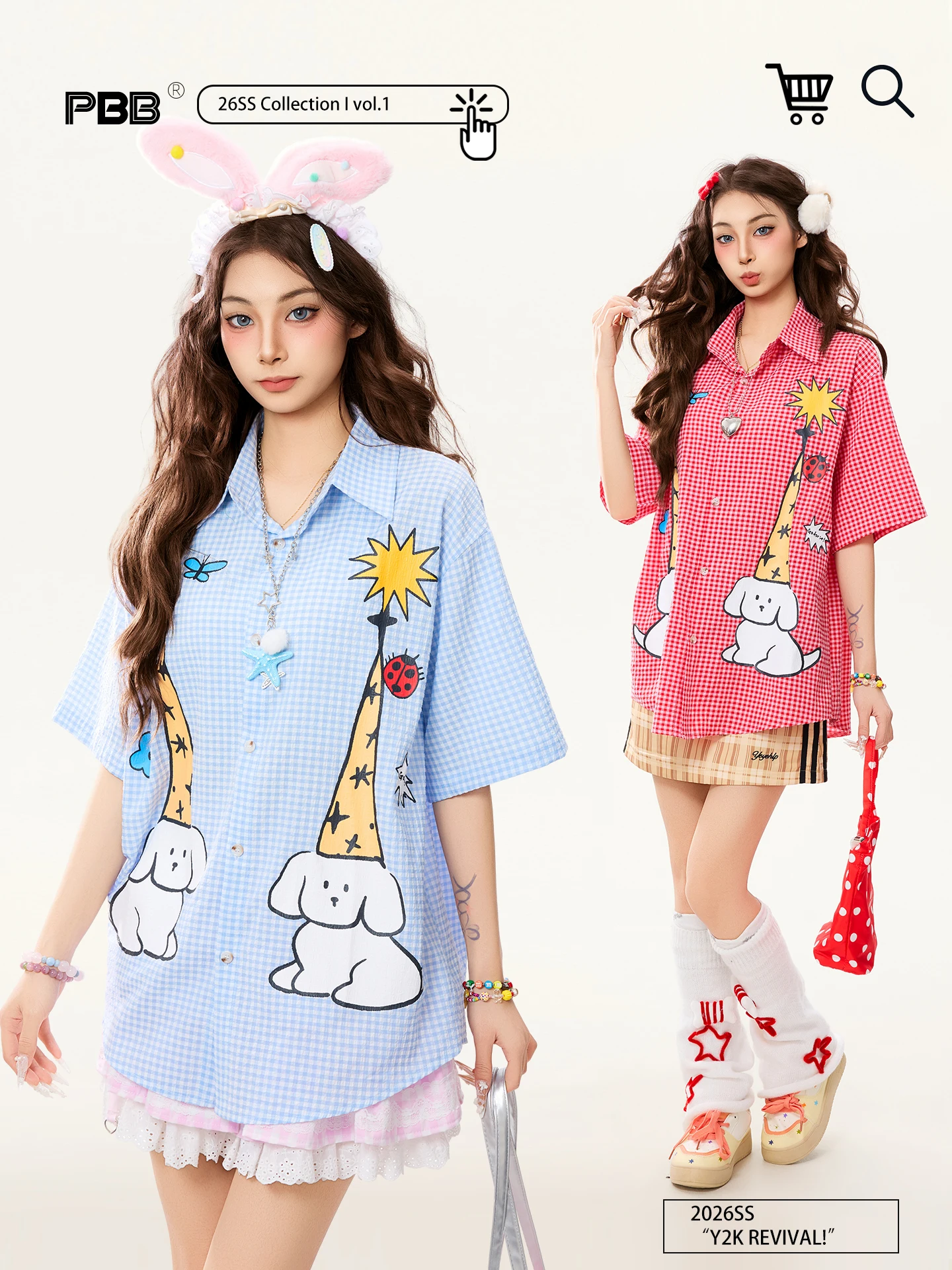 

PBB Dopane Gentle Wind Little Dog Print Plaid ort Sve Loose Women's irt American Casual Anti-Aging Summer Top