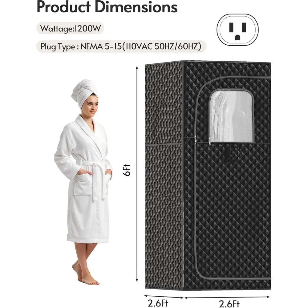 1-Person Portable Home Dry Sauna, 1200W Low EMF Heating, 2.6x2.6x6 ft, with Foldable Chair