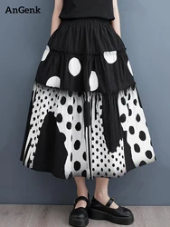 Zwarte Vintage Polka Dot Print Hoge Taille Rok Vrouwen Nieuwe Koreaanse Mode Losse Casual Midi Rokken Kleding Zomer Herfst 2023