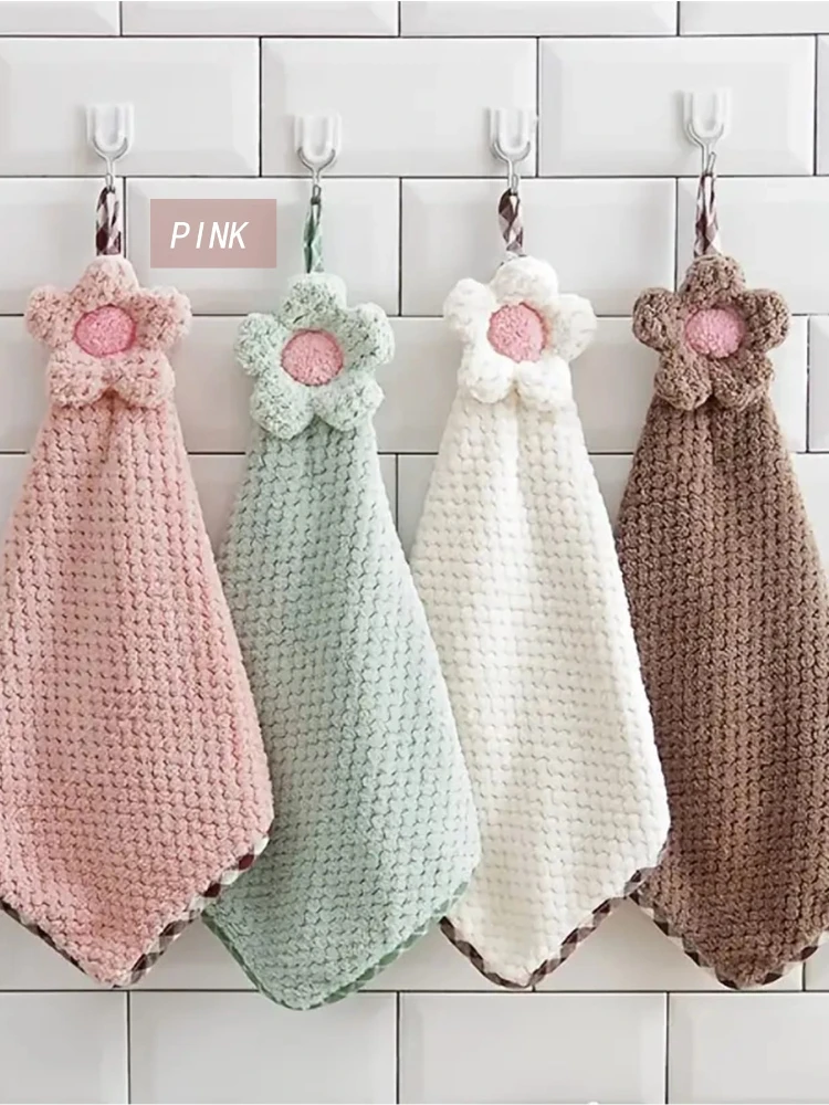 

Pink Cute Flower Pattern Hanging Towel-Quick-Drying Microfiber Soft Towel for Bathroom, Kitchen & Home