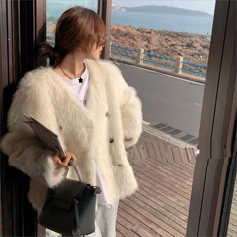 Abrigo de piel de visón con cuello en V para mujer, chaqueta de piel de imitación, respetuoso con el medio ambiente, elegante, cálido, gabardina,