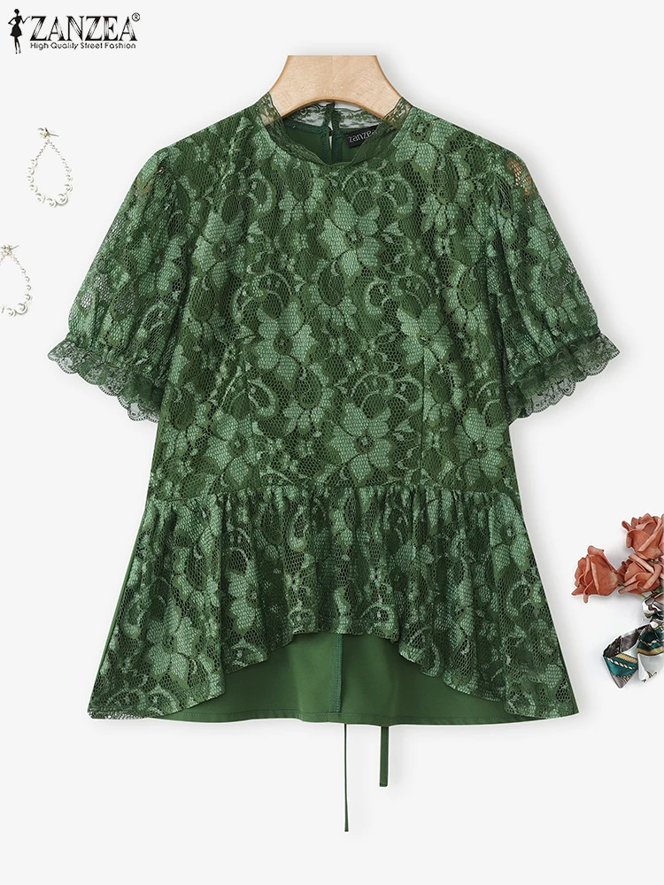 

ZANZEA 2025 Summer Tops Elegant OL Blouse Women Tunic Fashion Short Sleeve Floral Lace Shirts Bandage Casual Office Lady Blusas