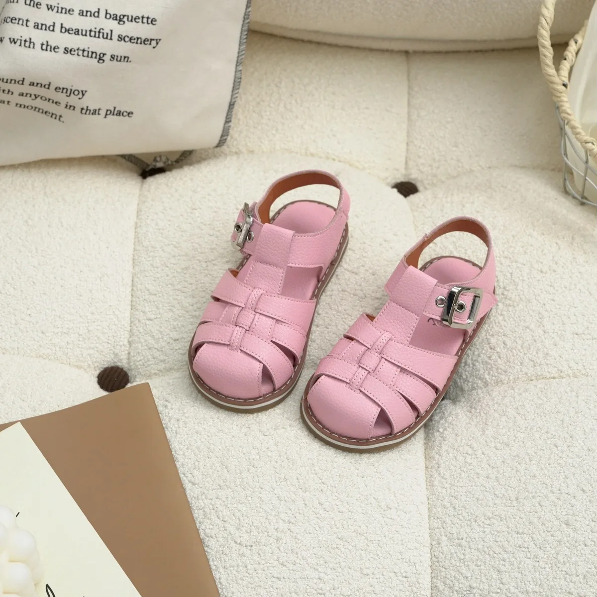 Summer Children's Leather Sandals Ins Baby Kids Horse Hair Patch Leather Roman Sandals Boys Girls Soft Sole Non-slip Beach Shoes