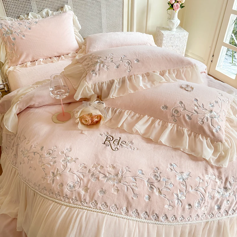 Pink Romantic Lace Ruffles Bedding Set, Velvet, Fleece, Soft Duvet Cover Set, Bed Sheet, Pillowcases, Plush, Warm