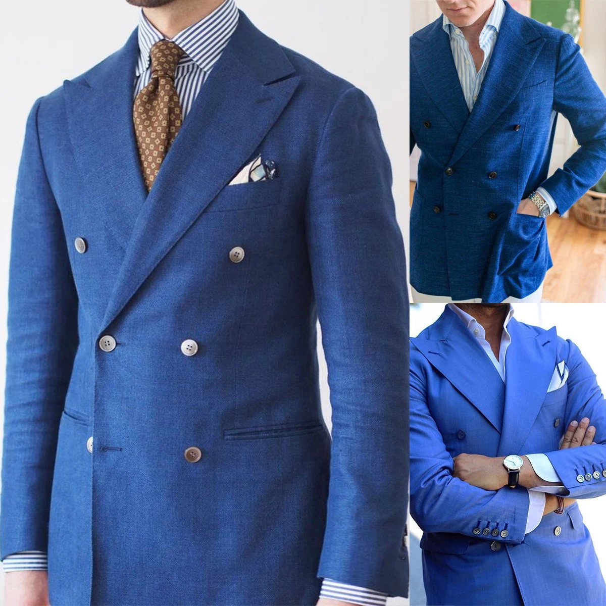 

Formal Men Suits For Wedding Blue Pure Color Double Breast Peaked Lapel Business Office Tuxedo 2 Pieces Blazer Pant Custom Made