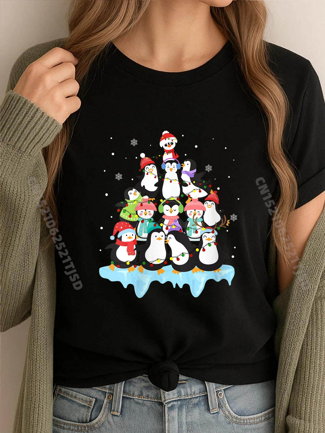 

Womens Cute Penguin Christmas Tree Penguin Lover Xmas Cream T Shirt Cotton T Shirt Woman Camisa