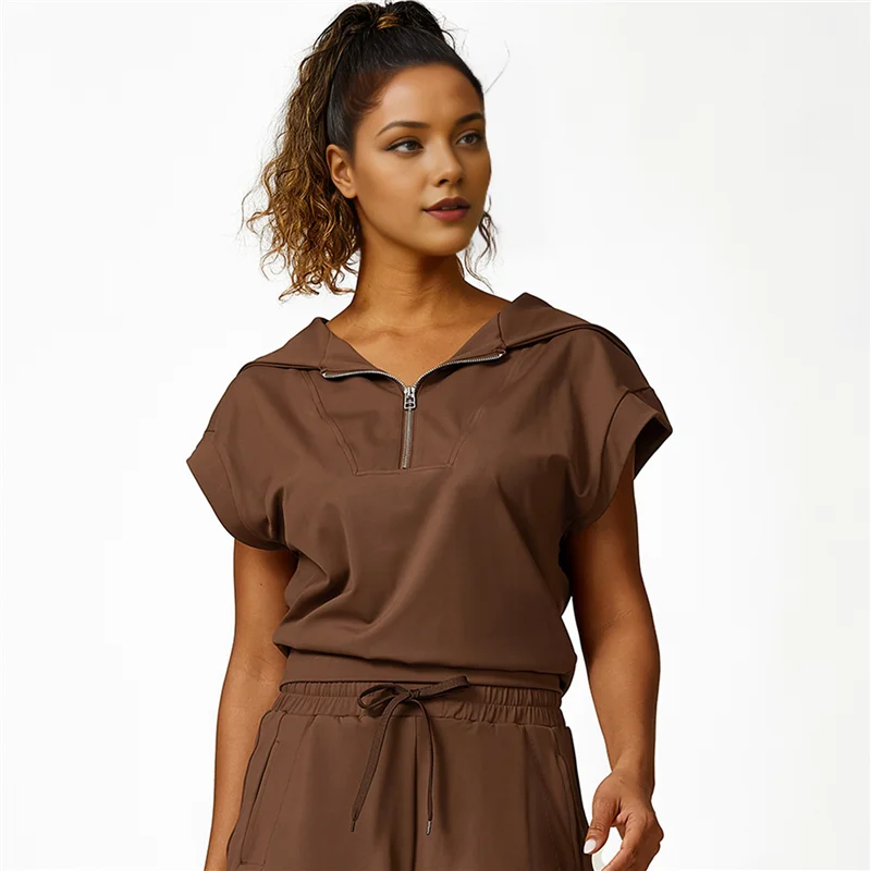 

AG-Women Summer Half Zip Short Outfits Sweat Lounge Tracksuit Tops