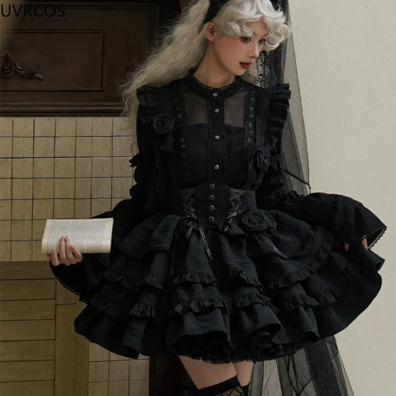 Abito Lolita gotico vittoriano giapponese da donna stile punk con fiocco rosa senza maniche abiti con cinturino fasciatura Harajuku Y2k mini abito da festa