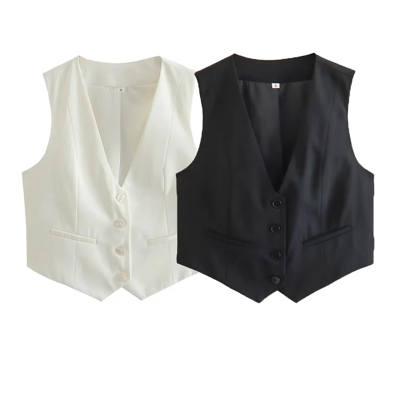 TRAF Short Women Vest Top V-Neck Sleeveless Button Lady Waistcoat New In 2024 Spring Summer Fashion Elegant Office Lady Top image 4