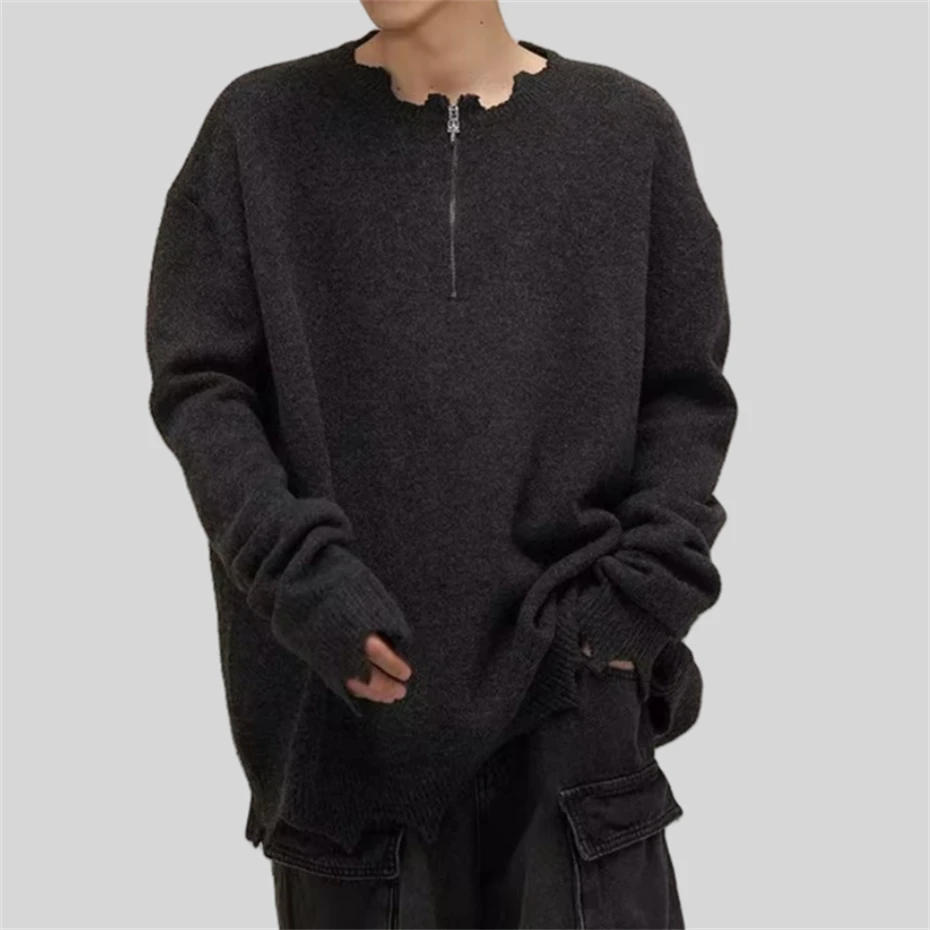 Men Half Zipper Knit Sweaters Casual Elastic Pullovers Men Harajuku Solid Warm Winter Top Fashion Brand Male Jumper Mens Clothes