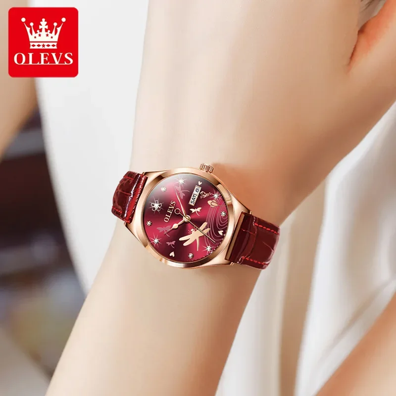 OLEVS 6611 Luxury Dragonfly Automatic Mechanical Watch Women Calendar Waterproof Ladies Watches Red Leather Strap 66