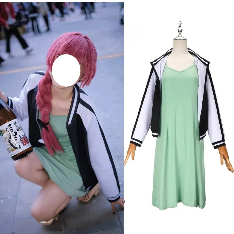 

Anime Hiroi Kikuri Cosplay Costume Green Spaghetti Strap Dress Black Coat Red Wig Full Set for Women Girls Zipper Jacket Outfit