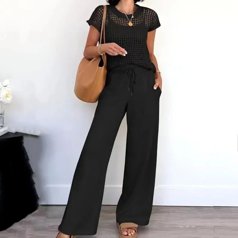 Fato de calças compridas oco elegante feminino, pulôver com decote em O, conjunto de calças retas, casual, manga curta, roupas soltas sólidas, fashion, 2 peças