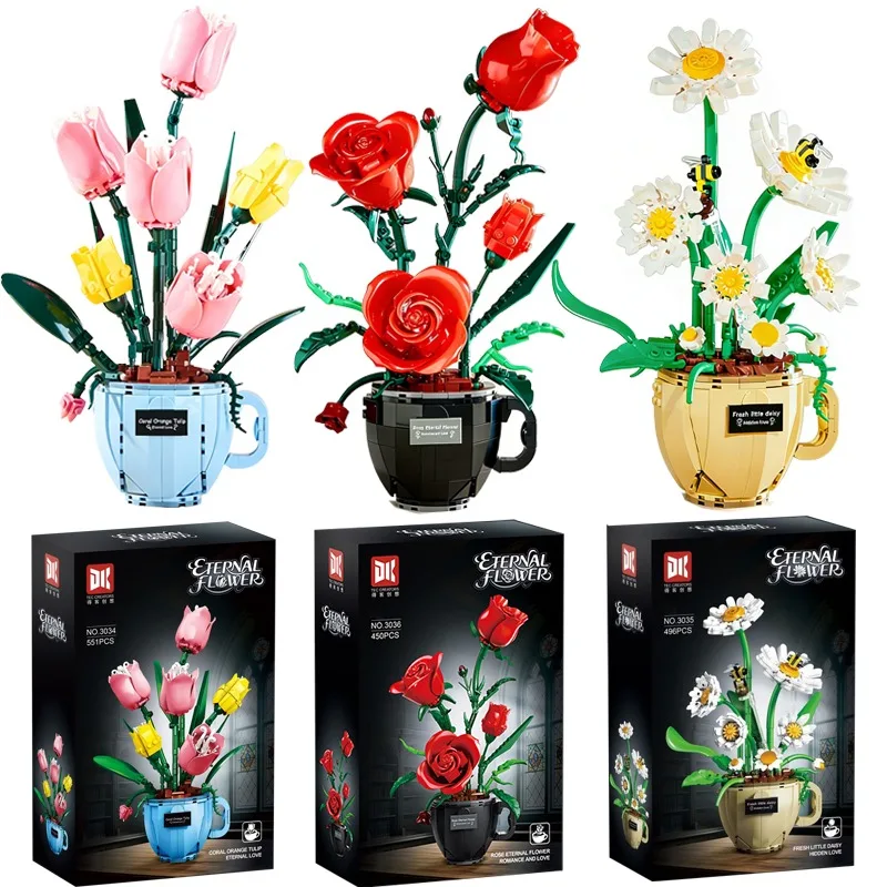 

Набор креативных строительных блоков «Цветы» (3 вида: тюльпан, ромашка, роза) – модель вазы для букета, декор для дома, игрушка-подарок для девочек