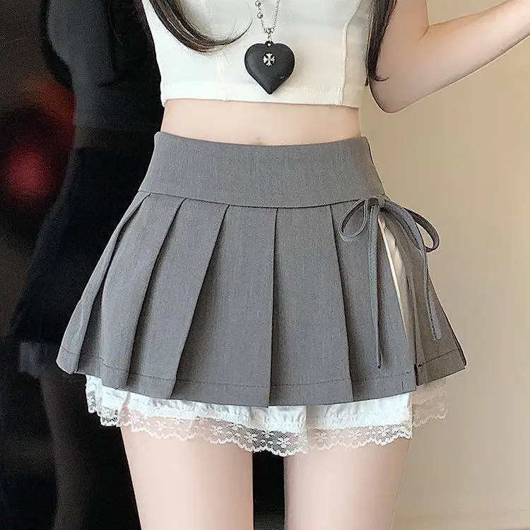 Pure Desire Sexy Lace Patchwork  Skirt Women's Summer Grey  Knot Slit A-Line Ultra Short Skirt Pants Casual Style