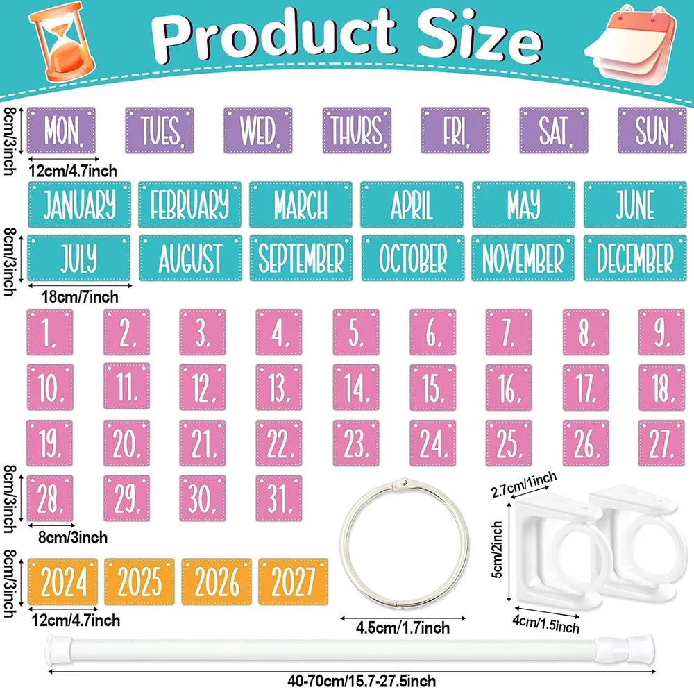 Colorful Flip Calendar Set 54Pcs Date Cards w/Holder Adjustable Bulletin Board Calendar Classroom Home Office Wall Decor