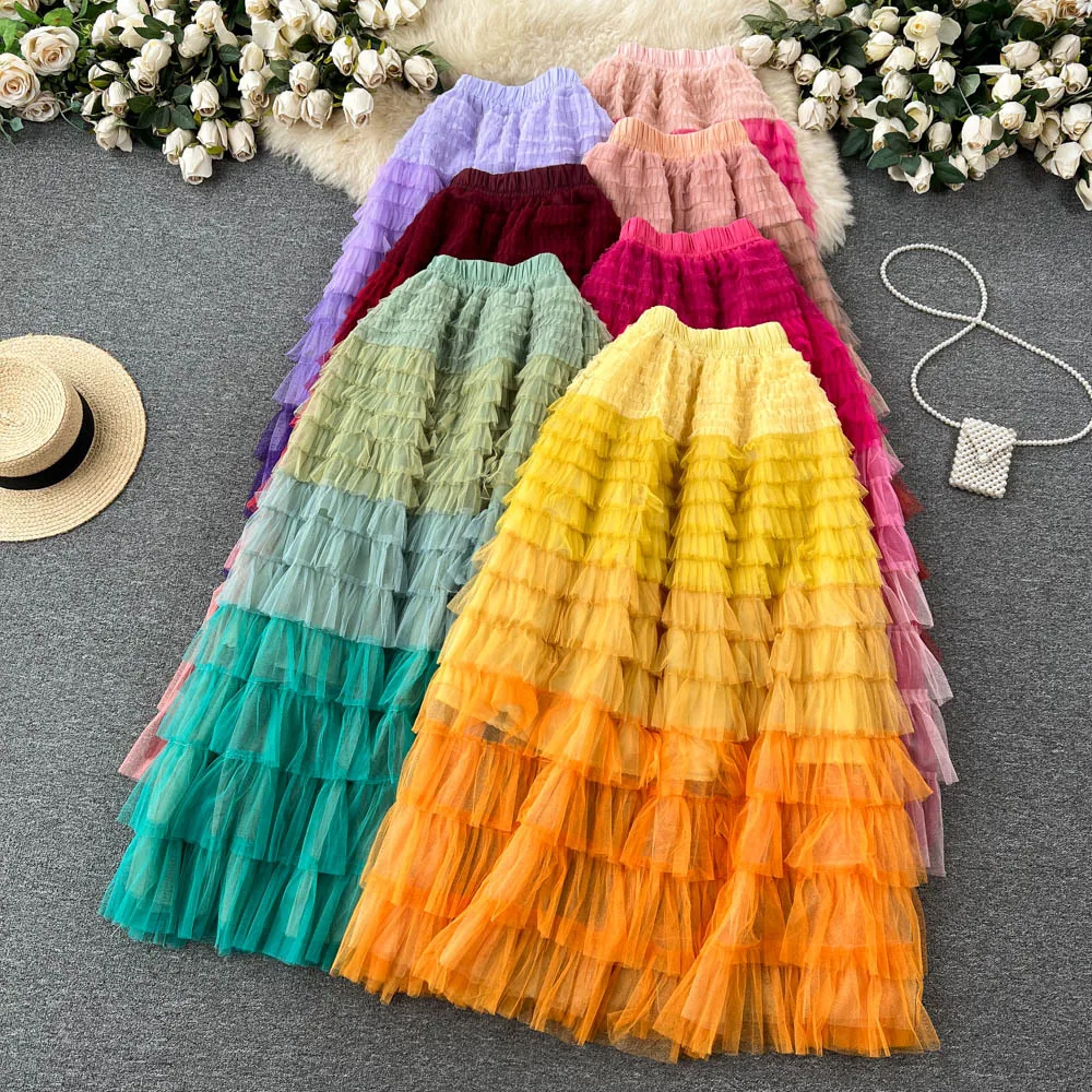 Gradient irregular mesh skirt women's mid length cake skirt  fluffy high waisted  slimming A-line fairy skirt