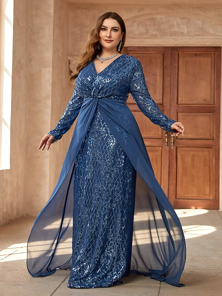 TOLEEN 2024 New Plus Size Twist Knot Long Sleeve Formal Evening Gown Women Luxury Elegant Sequin Plaid Party Prom Maxi Dresses