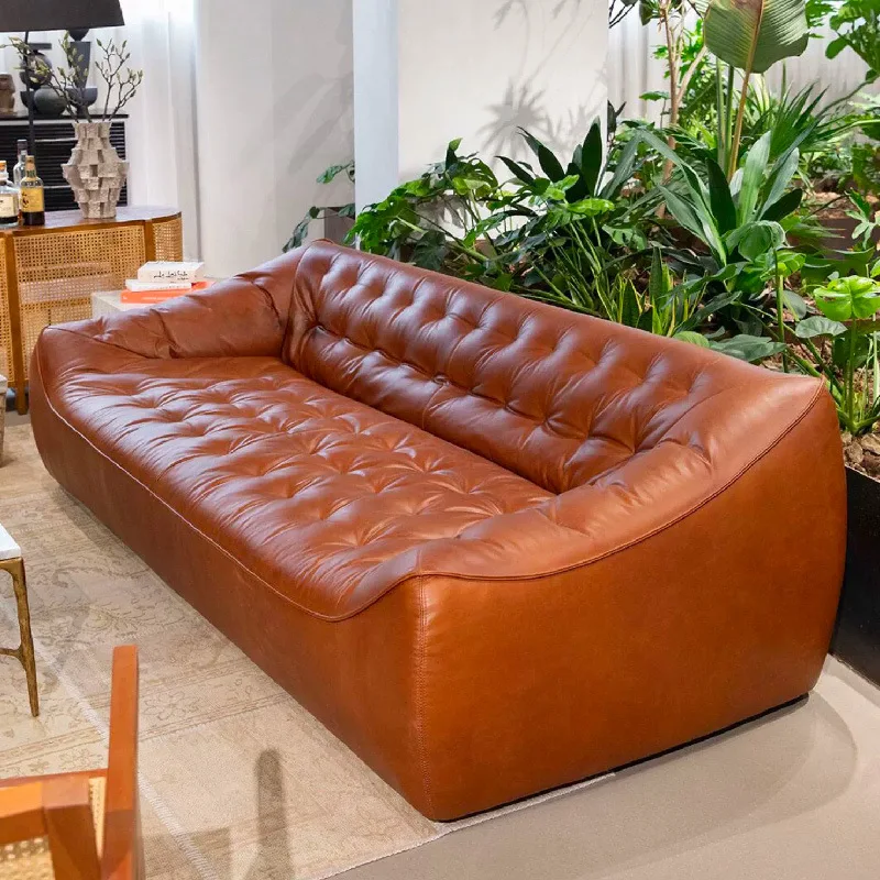 Middle ancient style high-end oil wax leather French retro small unit straight row full leather sofa, leather art bean bag sofa