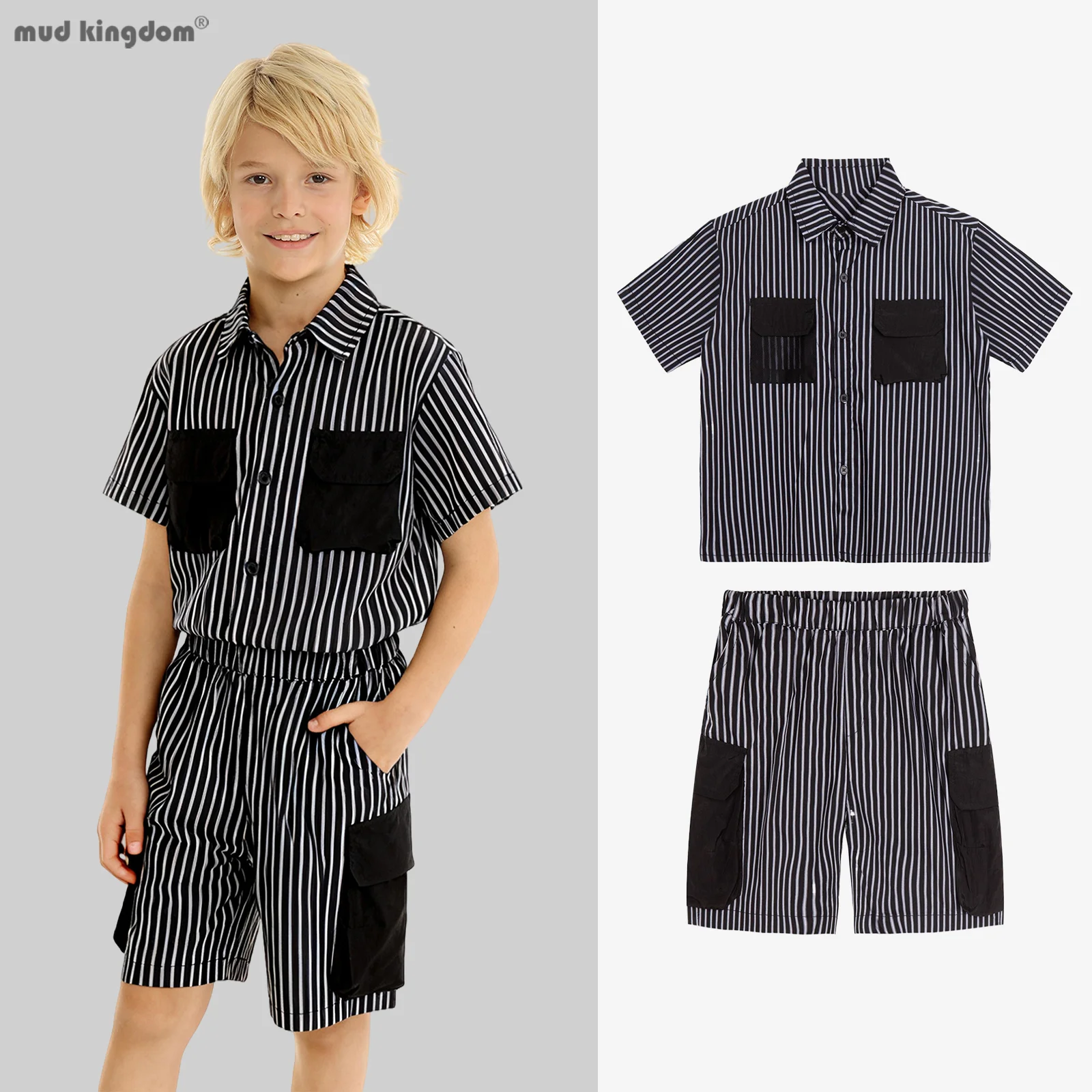 

Комплект одежды Mudkingdom для мальчиков, летняя полосатая рубашка с короткими рукавами, контрастные шорты с карманами, одежда из двух предметов для малышей для маленького мальчика