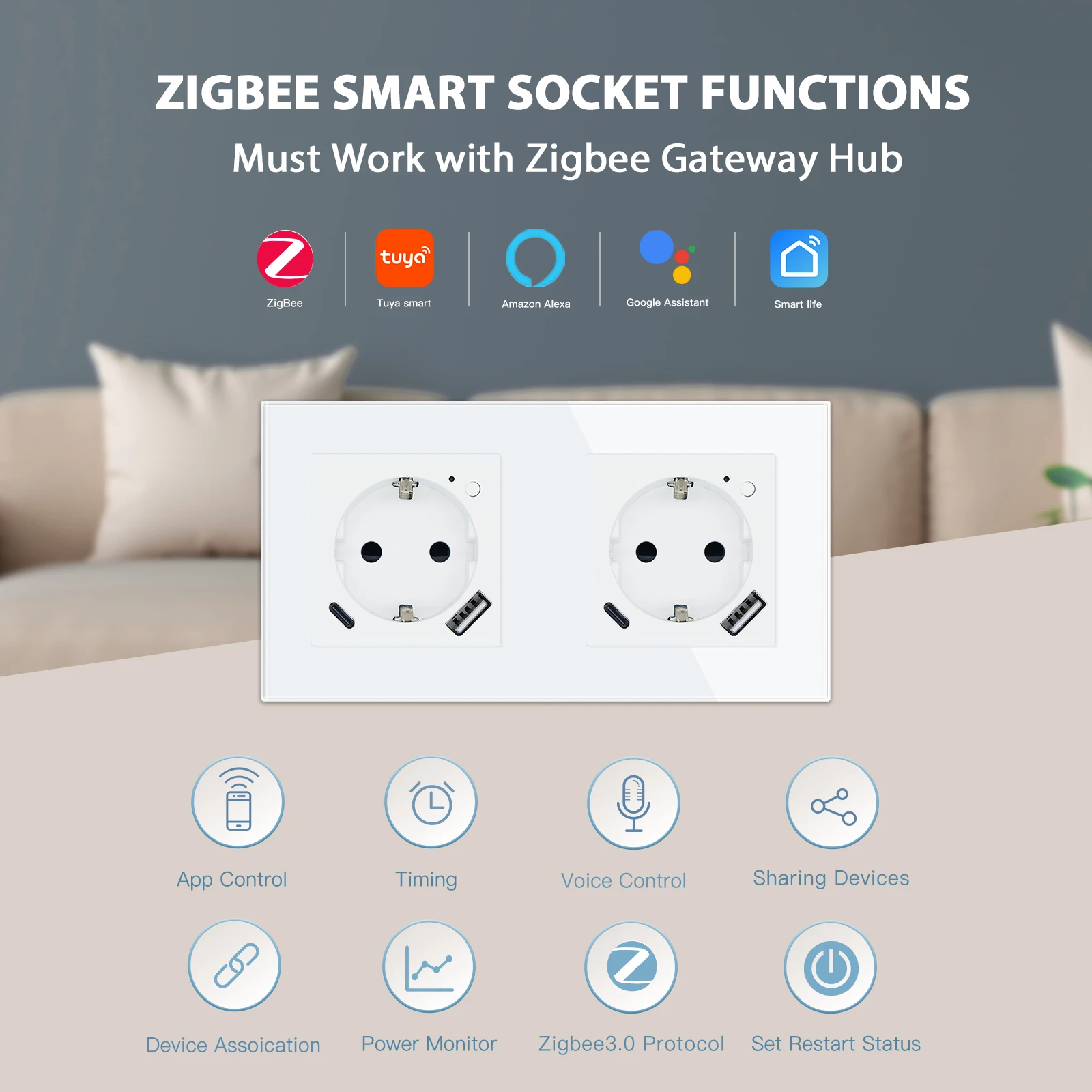 BSEED EU Standard Wifi Smart Socket With 20W USB Type-C Port Power Monitor Timing Function Tuya Alexa Smart Home Control 16A
