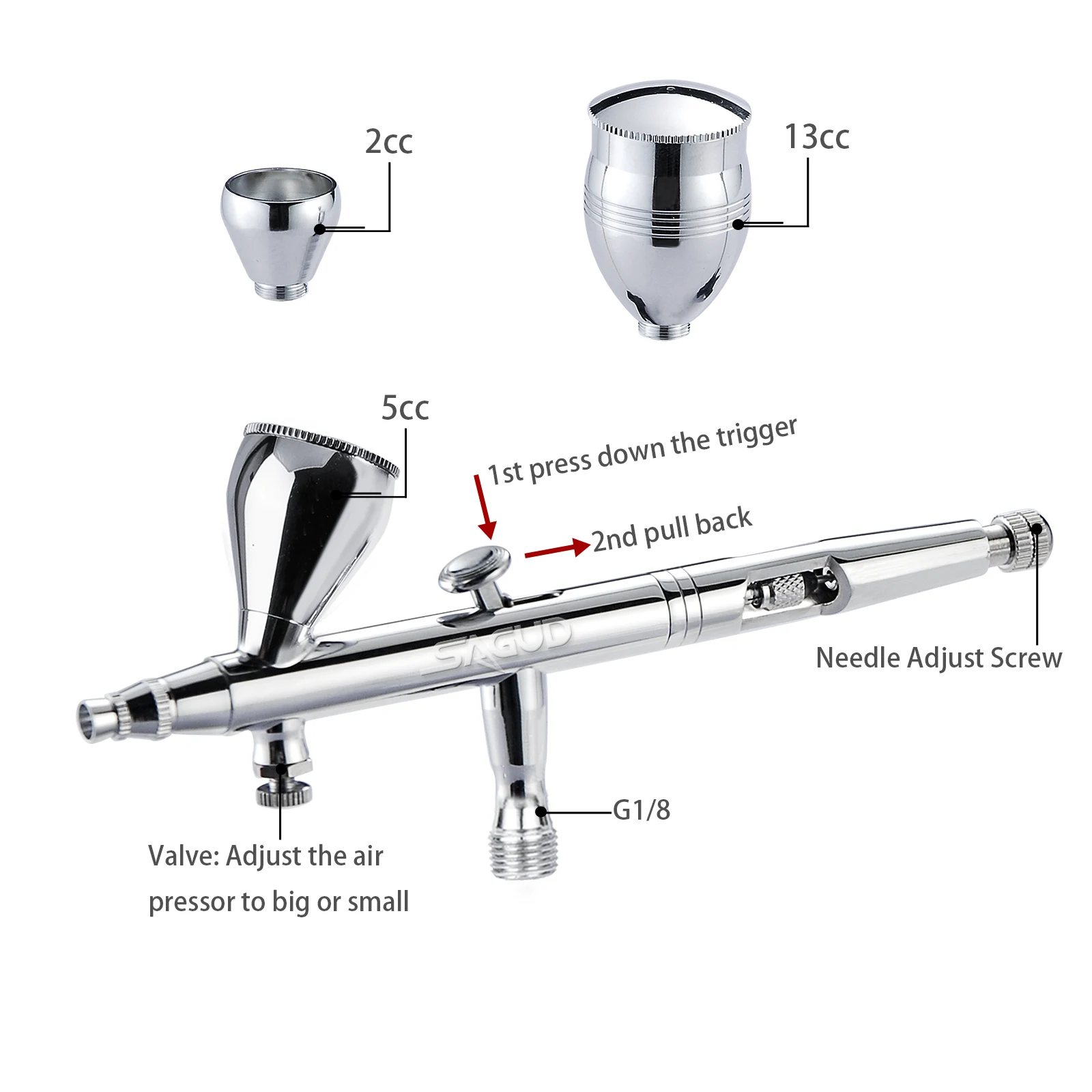 Airbrush Set Dual Action Professional Air Brush Kit with 2/5/13CC Spray Cup and Wrench Dropper Tool for Cake Tattoo Painting