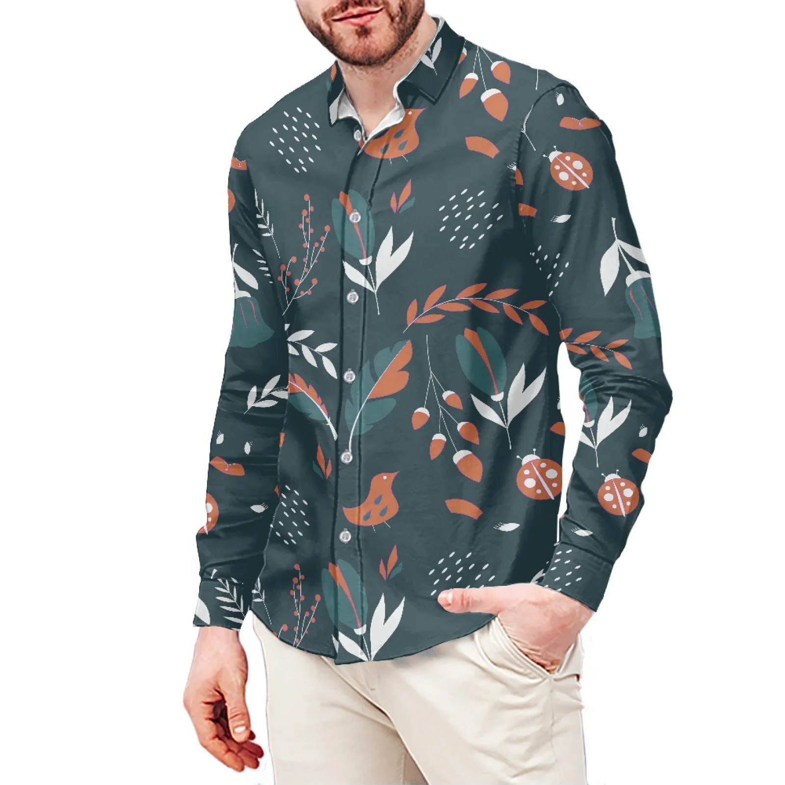 

Green Botanic Garden Print Slim T-Shirt Polynesian Samoa Hawaiian Style Long Sleeve Shirt Men's Dress Shirt Wedding S-6x