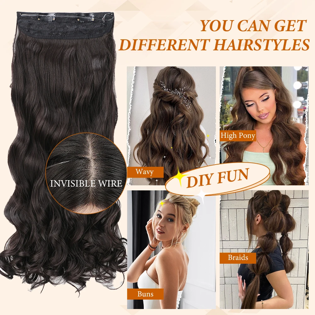 Invisible Wire Hair Synthetic Extensions with Transparent Headband Adjustable Size Secure Clips 26 Inch Long Wavy Hairpiece