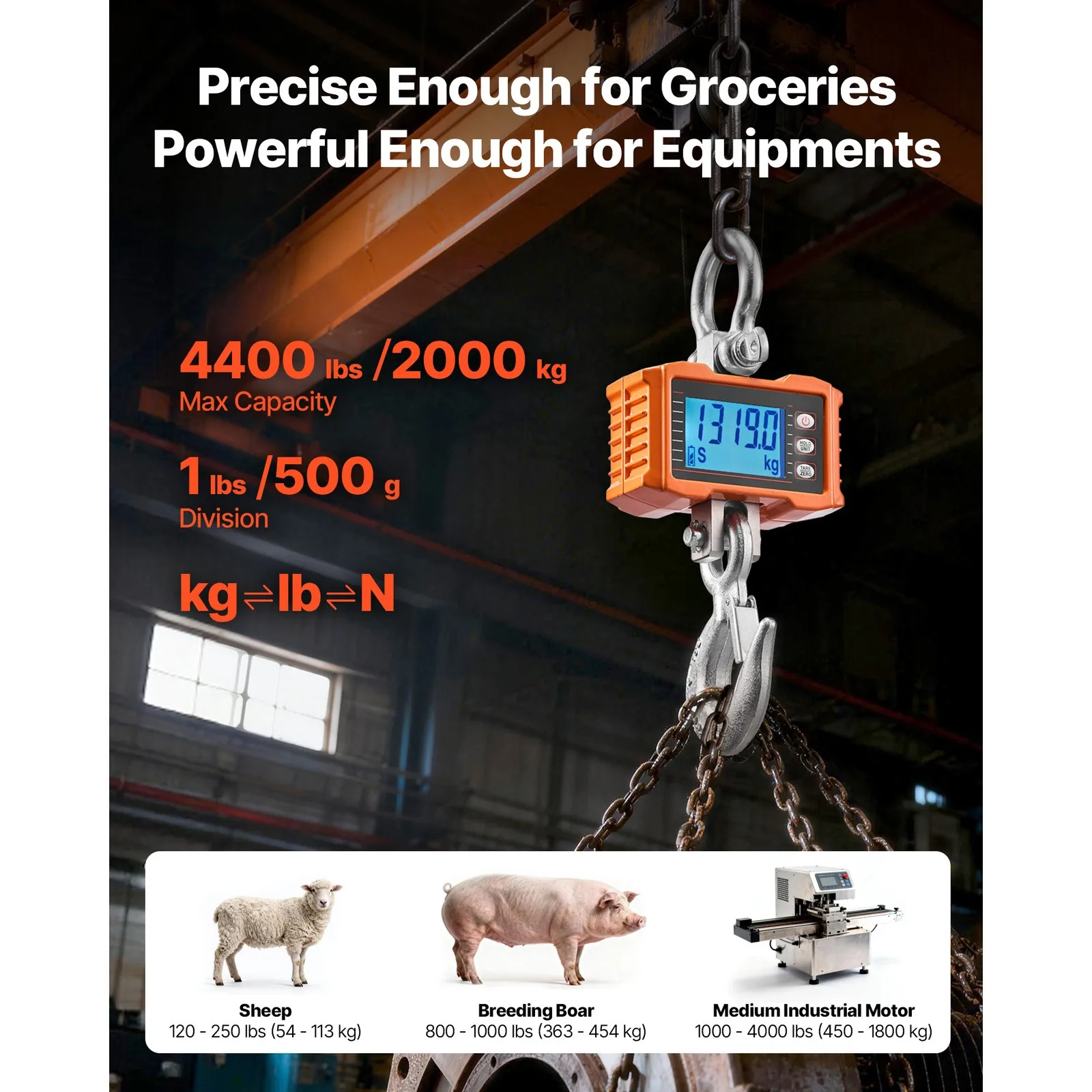 Digital Crane Scale 4400 lbs/2000 kg Industrial Heavy-Duty Hanging Scale