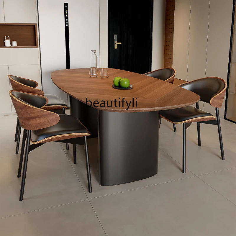 

French medieval solid wood dining table, modern minimalist designer Nordic oval parquet home dining table