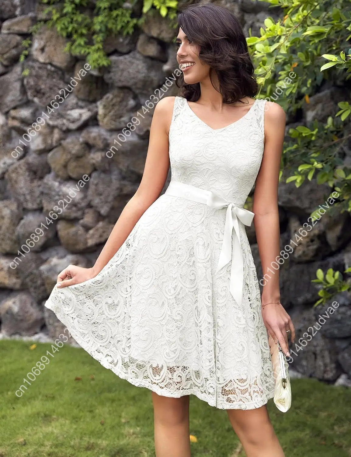 Dressystar Abito da donna da damigella d'onore in pizzo floreale Abito corto da ballo con scollo a V