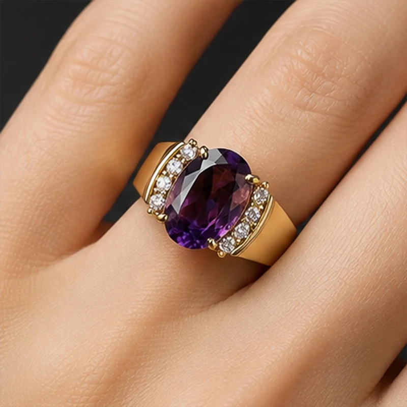 CAOSHI Luxury Large Oval Purple CZ Ring Side Inlaid Zircon Wide Band Ring Vintage Anniversary Engagement Party Jewelry for Her