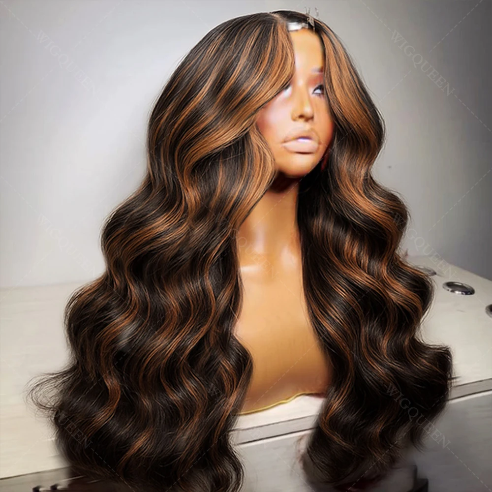 

1B/30 Highlight Body Wave Wig Human Hair 13x4 Lace Front Human Hair Wigs 200% Ombre Brown Highlighted Curly Human Lace Front Wig