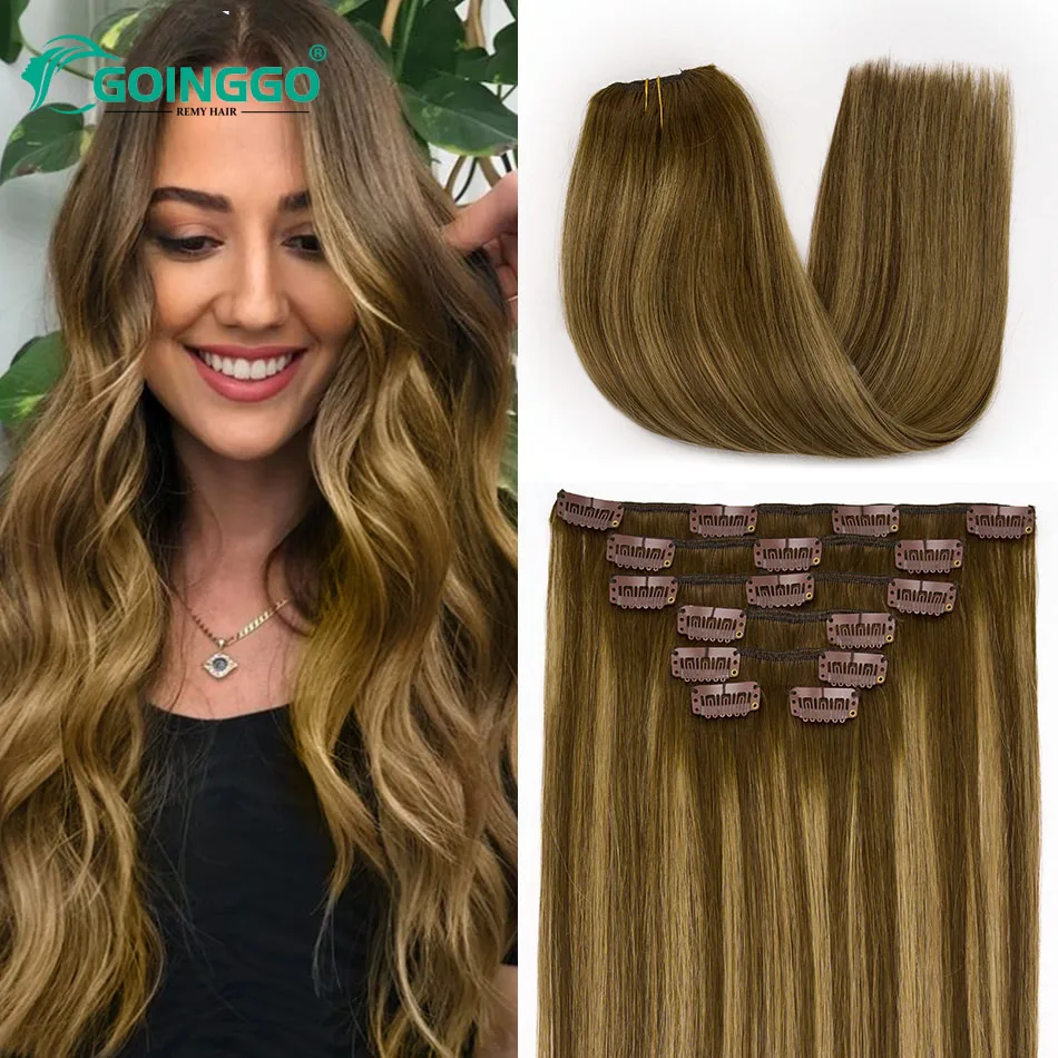 Clip In Hair Extensions Human Hair European 7Pcs/Set 120G Chocolate Brown To Caramel Blonde Clip Ins Extension Brown Hair Roots