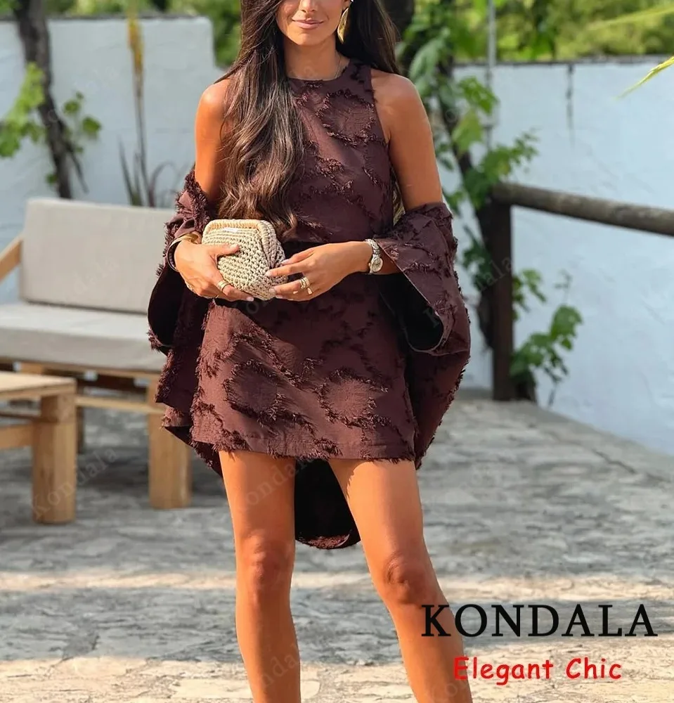 KONDALA Herbst Damen Elegantes Braunes Kleid Rundhalsausschnitt Ärmelloses Minikleid Neu 2025, Sommer Herbst Mode Urlaub Party Strandkleid