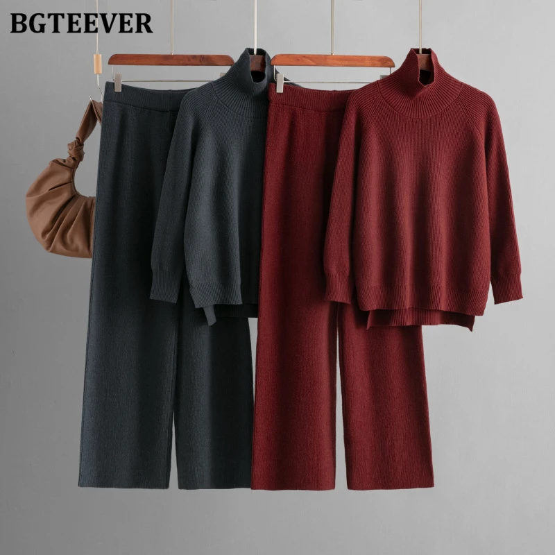 

Элегантный вязаный комплект BGTEEVER: свитер с высоким воротом и длинными рукавами и брюки с широкими штанинами для женщин, осень-зима, 2 предмета