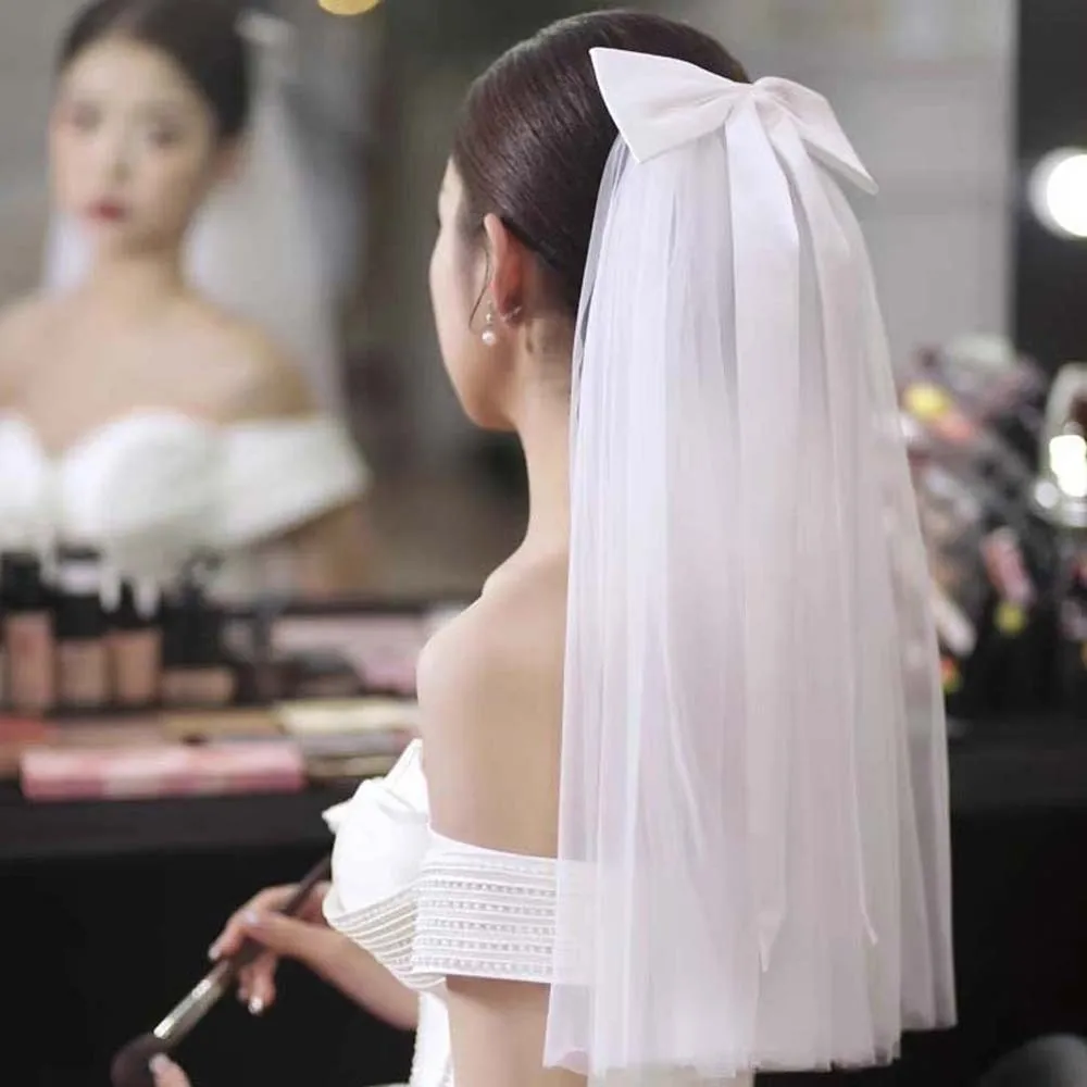 

Premium Shawl Long Satin Bow Veil Single Layer Romantic Bride's White Headgear Soft Tulle Soft Bridal Headdress Marriage