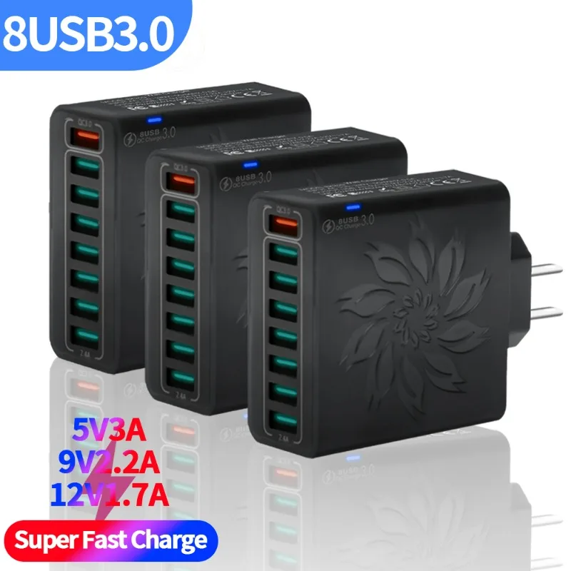 Chargeur USB 8 en 1 de 30W à Charge Rapide 3.0 Multi-Ports, Prise Murale UE/US, Adaptateur pour iPhone, Samsung, Xiaomi