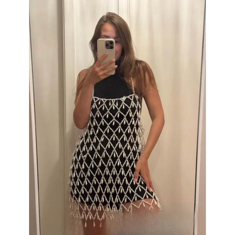 

Пляжное платье для отдыха на море, расшитое бисером, жемчужное платье ручной работы с открытой спиной, сексуальное платье на бретелях, женский наряд для ночного клуба