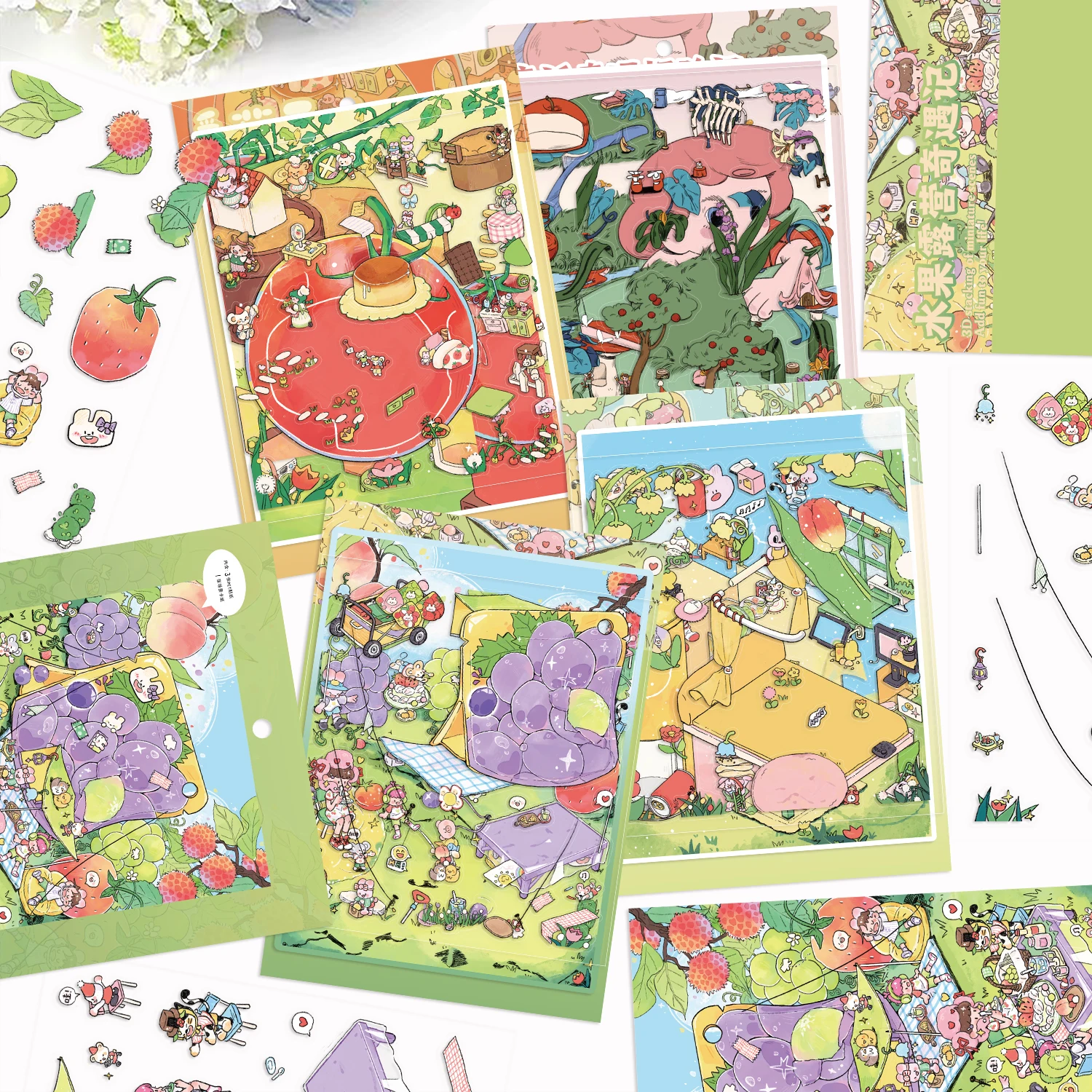 Cartoon landschapsstickers, miniatuurwerelden, kleine creatieve 3D-cabines, decompressie DIY-scènes, PET-sticker